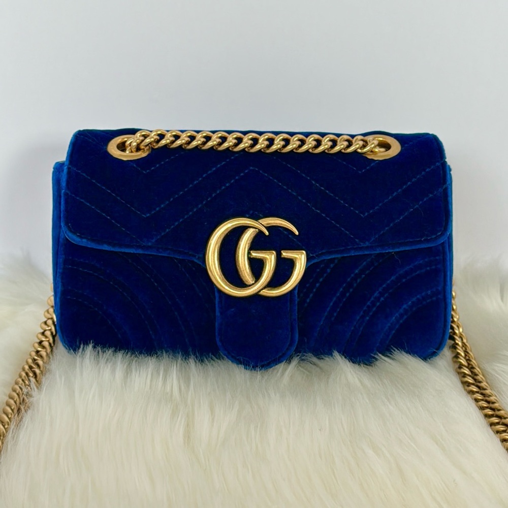 Gucci Blue Mini Velvet Marmont Matelasse Shoulder Bag